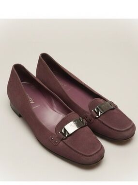 Prada Suede Logo Loafers Shoe Flats 8 Comfort Leather Silver Plate Tone Moccasin